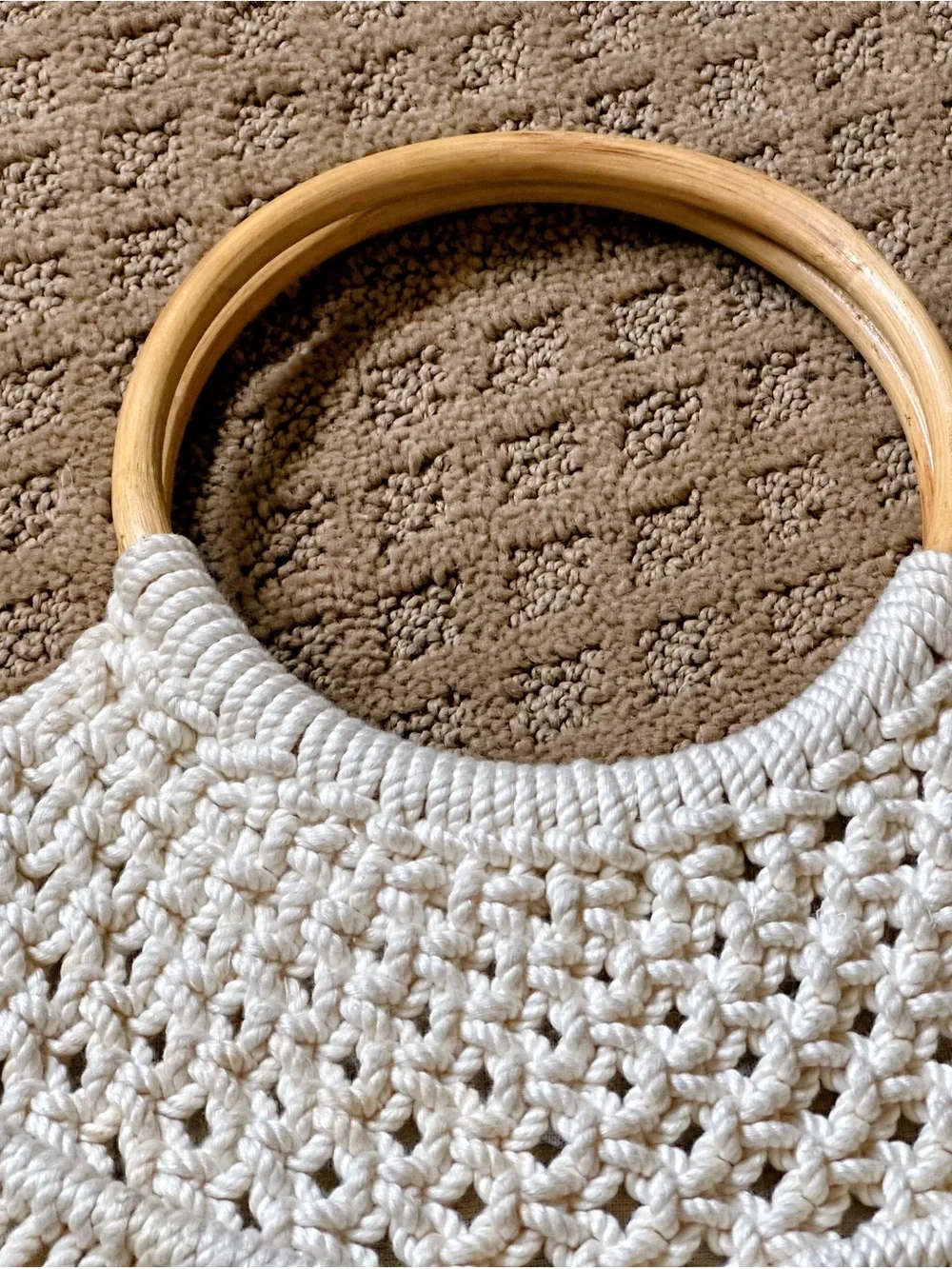 Boho Macramé purse with Wooden Ring handles - Cream